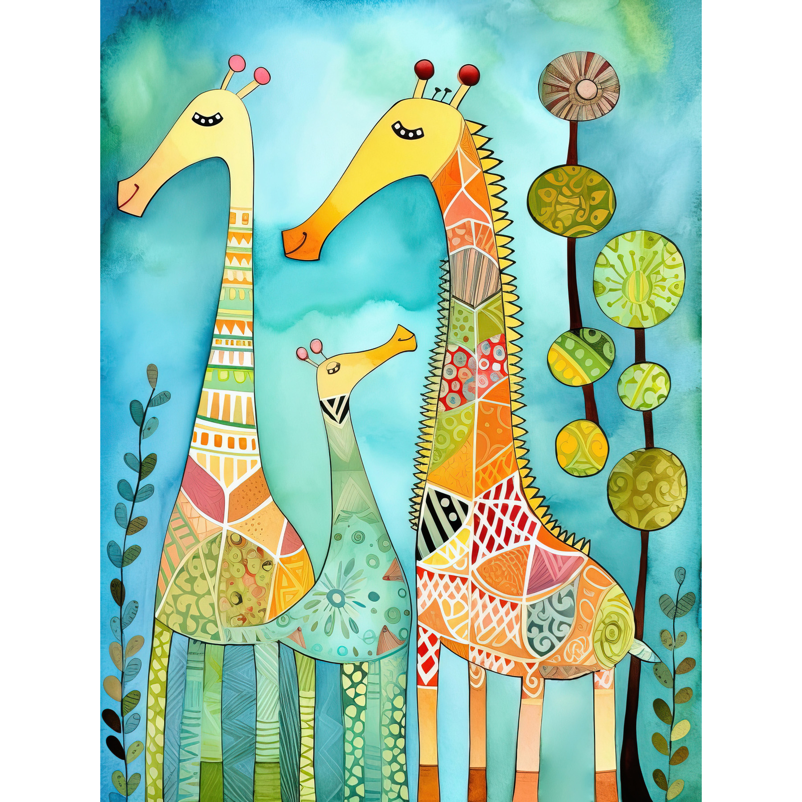 Folk Art Giraffes Fun Cute Kids Bedroom Painting Huge Art Poster Print Giant