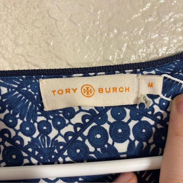 Abito Tory Burch donna seta media manica lunga midi blu bianco NUOVO DIFETTO