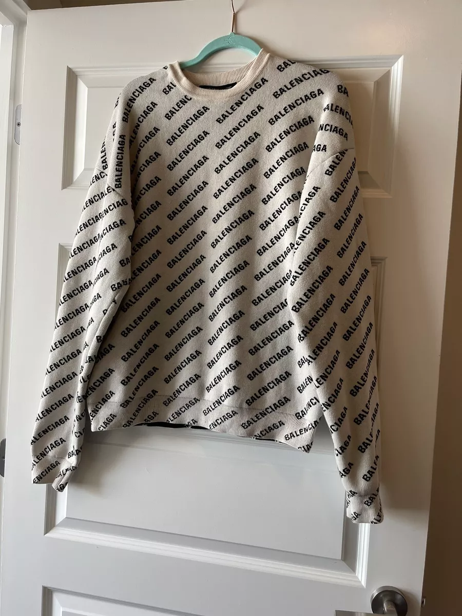 Balenciaga Men's White Mini Allover Logo Sweater Sweatshirt