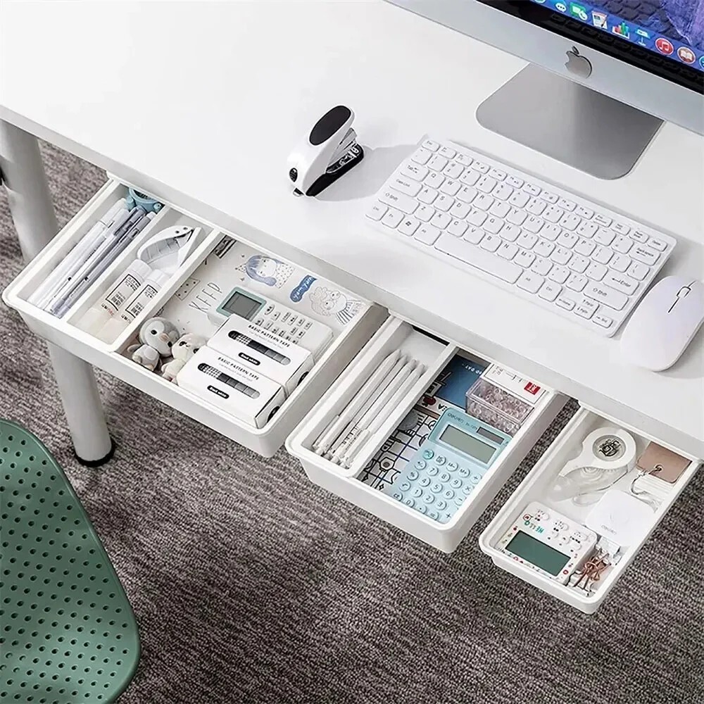 Hidden Self-Adhesive Desk Drawer – Plastic Storage Box for Cosmetics & Stationer
