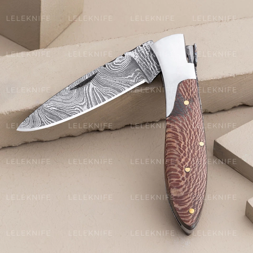 Cuchillo de Bolsillo Plegable Damasco Hecho a Mano Camping Caza Skinner Cuchillo con Bolsa Foto 2 de 2