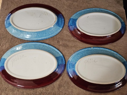 CLYDE GOBBLE POTTERY HANDMADE RED BLUE OVAL PLATES SIGNED 12" EXCELLENT SET OF 4 - Picture 2 of 9