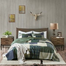NEW COZY CLASSIC GREEN BLUE BEIGE PLAID LOG CABIN COUNTRYLODGE SOFT QUILT SET