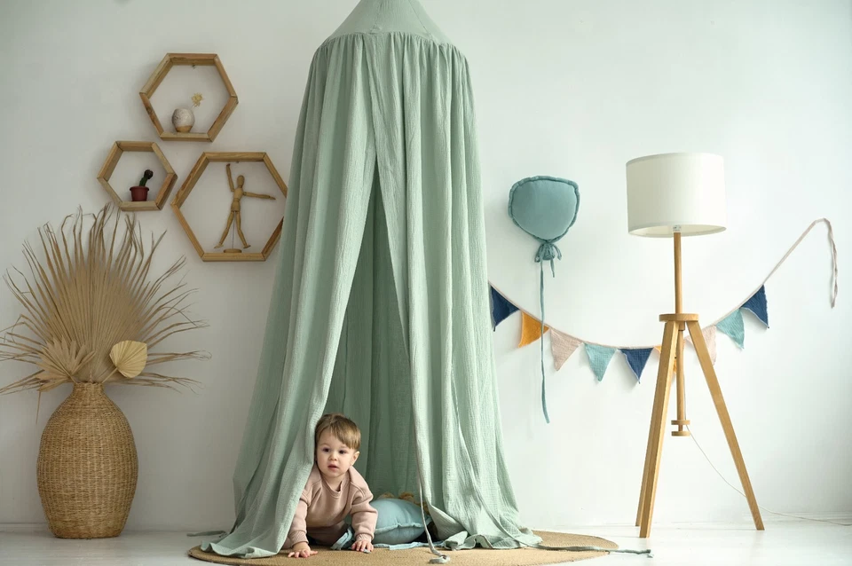 Toldo cuna bebé muselina verde salvia Foto 4 de 4