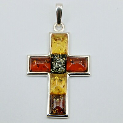 ポーランド製ペンダントライト2個/Vintage Poland pendant Natural Multi-Color BALTIC AMBER Cross Pendant 925 STERLING SILVER