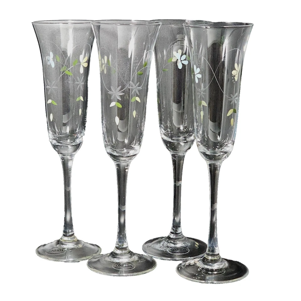 4 Oneida Floral Elegance Handblown Painted Champagne Flutes 9.5" Mimosa Glasses - Image 3 of 4