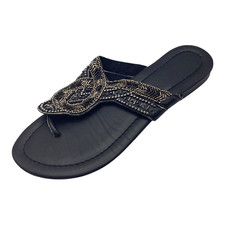 Monsoon Womens Black Faux Leather Flat Beaded Sandals Flip Flops Size UK 6 Used