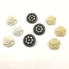 Shank craft buttons, 3 sets of 3 each, flowers, white, off-white, silver