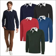 Men's Long Full Sleeve Classic Rugby Shirt Plain Cotton Casual Sports Work TOP