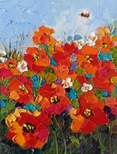 Original Oil Painting Red Poppy Flower Impasto Painting on  panel 8x6in