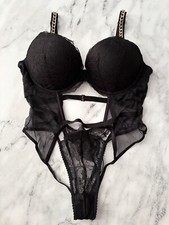 Victoria's Secret Bodysuit Teddy Black Chain Straps Lace Open Underwire Nwt XL