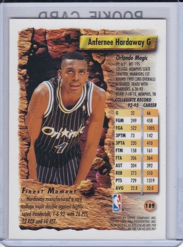 TARJETA DE NOVATO ANFERNEE HARDAWAY 1993 Topps Mejor Baloncesto RC ORLANDO MAGIC - Imagen 2 de 2