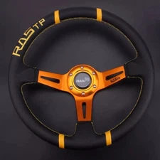 RASTP Universal 14 Inch Deep Corn Drifting Car Leather Steering Wheel Gold Bl