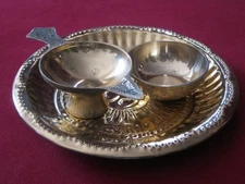 Set of Brass Religious Items Plate Diya Lamp Bowl Hindu Puja Aarti Tika Havan 
