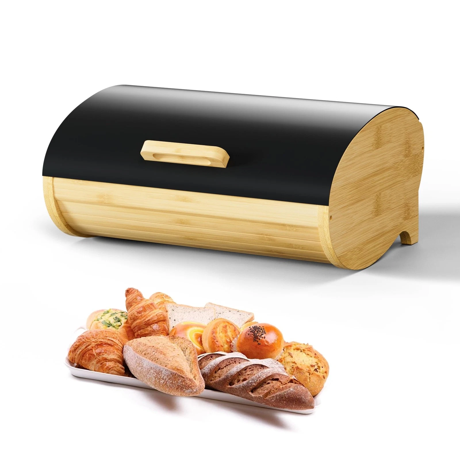 Modern Bread Box for Kitchen Countertop, Bamboo Storage Container with Stainl...
