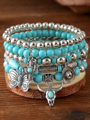 5 Piece Set - Turquoise & Silver Western Stack Bracelets with Charms