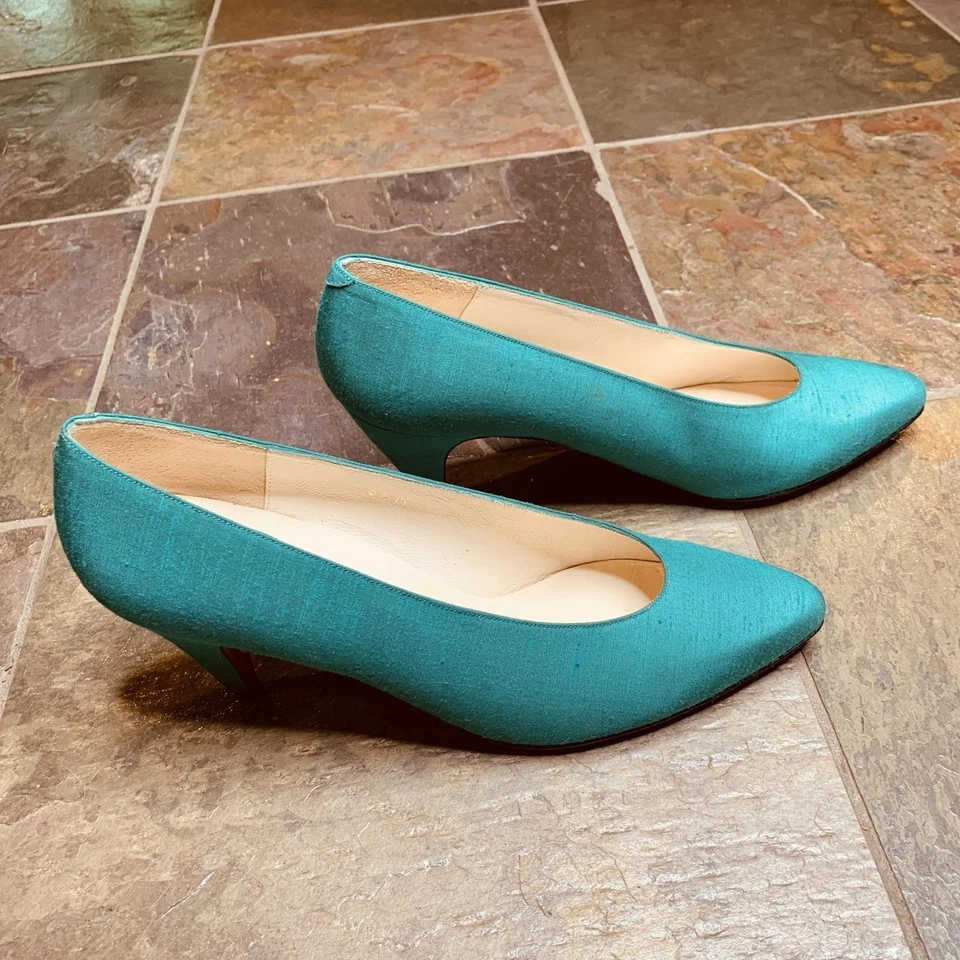 Zapatos de tacón vintage Evan Picone verde azulado suela de cuero satinado España (f9) Foto 4 de 4