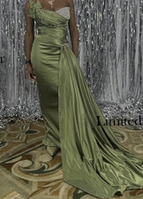 Green Strapless Formal Gown with Pearl Embellishments and Draped Train