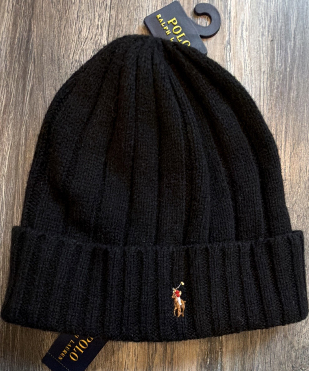 Polo Ralph Lauren Men’s Ribbed Knit Beanie Hat Solid Black One Size NWT