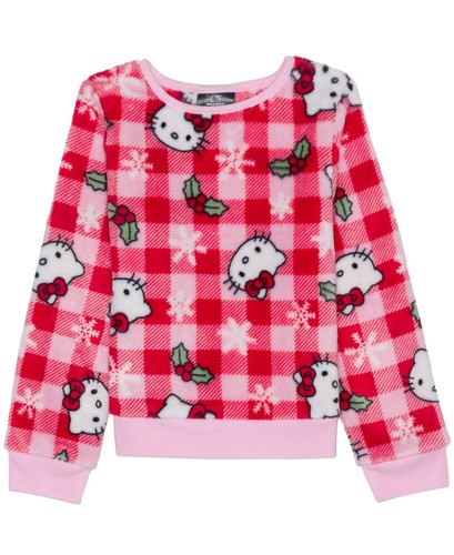 Hello Kitty Little Girls Xmas Plaid Long Sleeve Plush Pullover Sweatshirt - Pink - Picture 3 of 3
