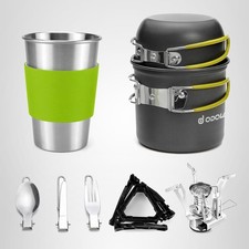 Camping Cookware Stove Canister Stand Tripod w/Stainless Steel Cup Fork/Spoon...