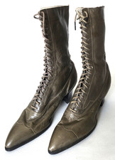 Antique Victorian Boots/Shoes original Ladies Lace-up in Green-Tan Leather