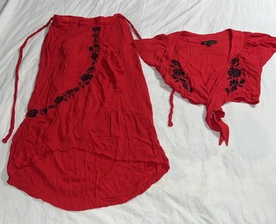 Love Tree Two Piece Red Max Skirt And Crop Top With Black Flowers, Size Small