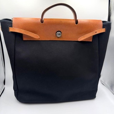 Auth Hermes Herbag MM Toile H 2-Way Handbag Shoulder Bag Black Beige Women's