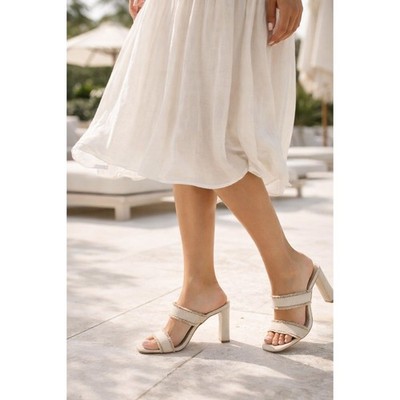 Schutz Amelyn Fringe Slide Sandals Block Heel Oyster Linen Size 9