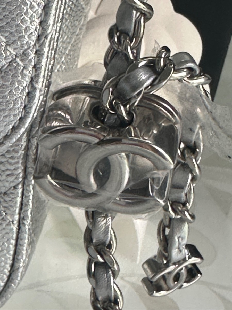 New w TAG 25B CHANEL Classic Mini Silver Caviar Flap Bag PEARL
