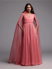 MAC DUGGAL Pink Chiffon V-Neck Gown With Cape Sleeves Size 16