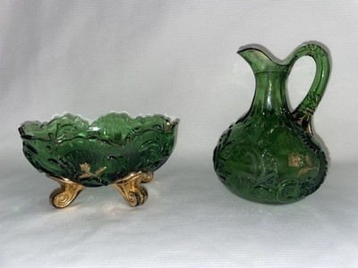 Set EAPG Riverside Ester Cruet & Matching Berry Bowl Emerald  Green Gold Trim