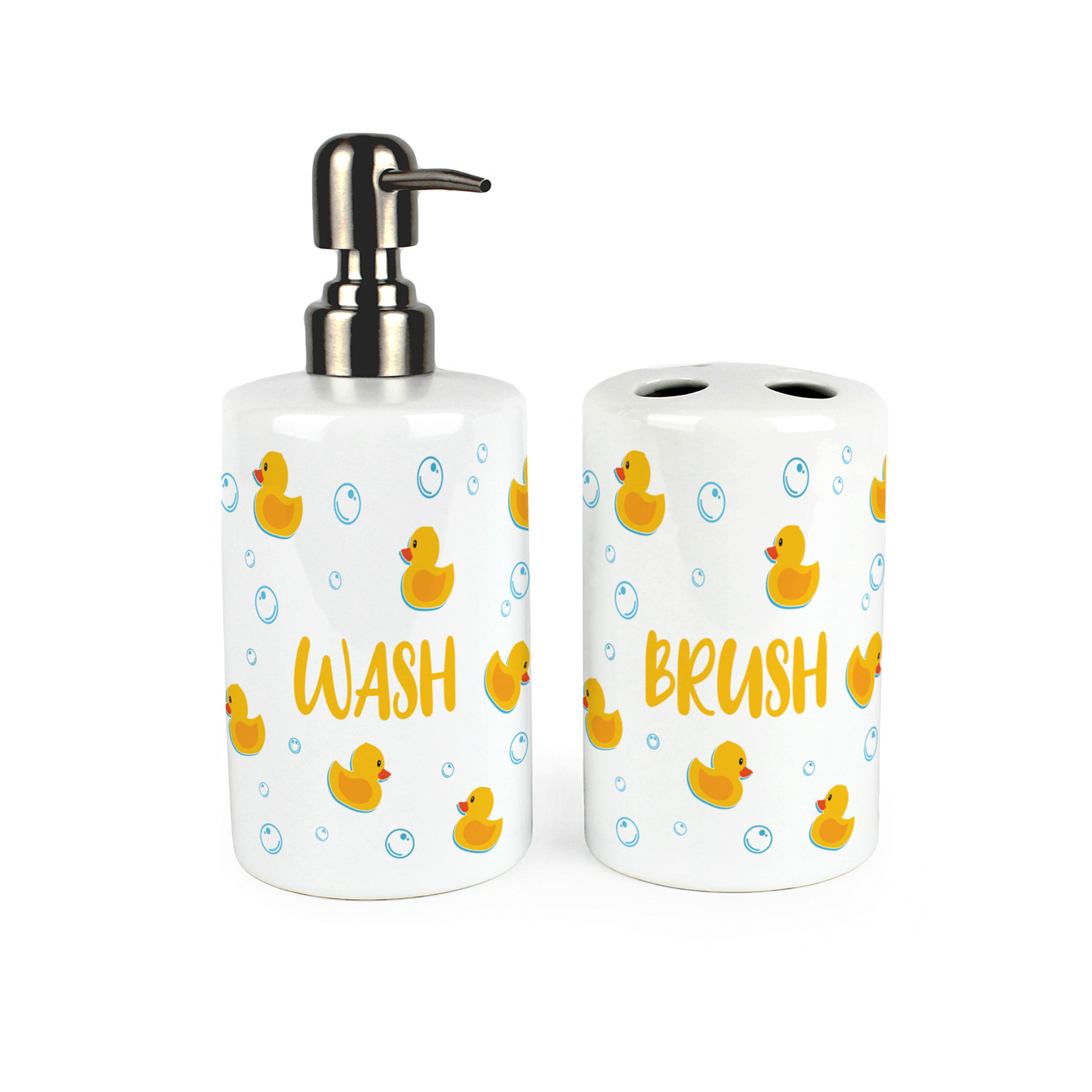 Rubber Ducks Bathroom Set - Ceramic Soap Pump Dispenser & Toothbrush Holder Gift