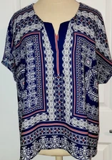 Style & Co Navy Blue & Red Boho Bandana Design Blouse Top Women's Size L Large