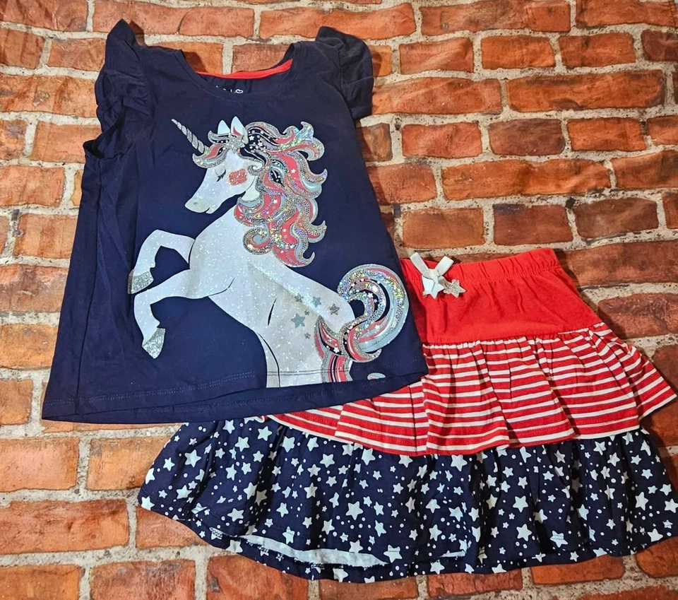 Cynthia Rowley Girls 7/8 4th of July Patriotic Unicorn Shirt & Skort Outfit Set - Image 1 of 1