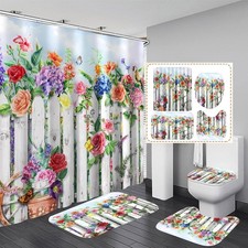 4Pcs Floral Shower Curtain Set with Rugs Bathroom Sets Farmhouse Shower Curta...