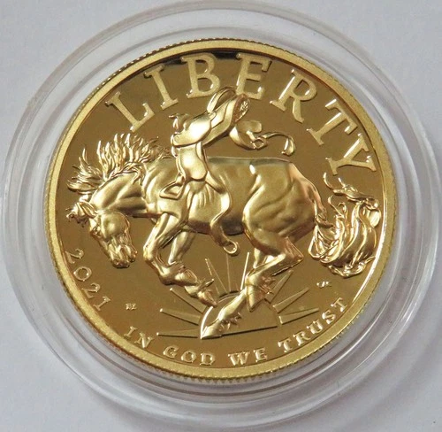 2021 W GOLD AMERICAN LIBERTY $100 1 OZ HIGH RELIEF BRONCO BOX COA OGP