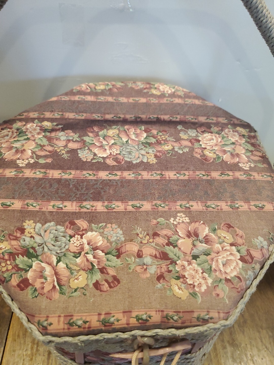 Vintage 1980s Large Octagon Sewing Box w Handle Wicker Dusty Rose/Blue Floral