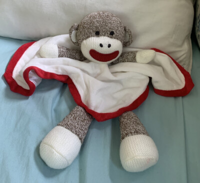 Baby Starters Knit Sock Monkey Lovey Rattle Security Blanket White Plush  Satin