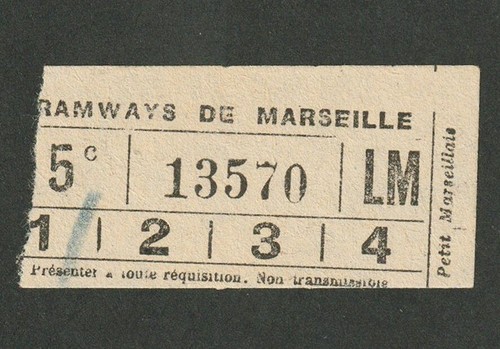 VINTAGE TRAMWAYS DE MARSEILLE FRENCH TRAM TICKET