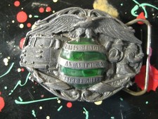 I'm Proud to be a Firefighter 1986 Bergamot Cast Pewter Belt Buckle w Firetruck