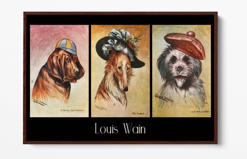 LOUIS WAIN, THREE DOGS PRINT -DEEP FLOAT EFFECT FRAMED CANVAS WALL ART PRINT - Picture 6 of 12