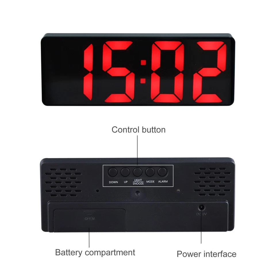 Digital LED Desk Alarm Clock Large Mirror Display USB Snooze Temperature Mode - Image 2 of 4