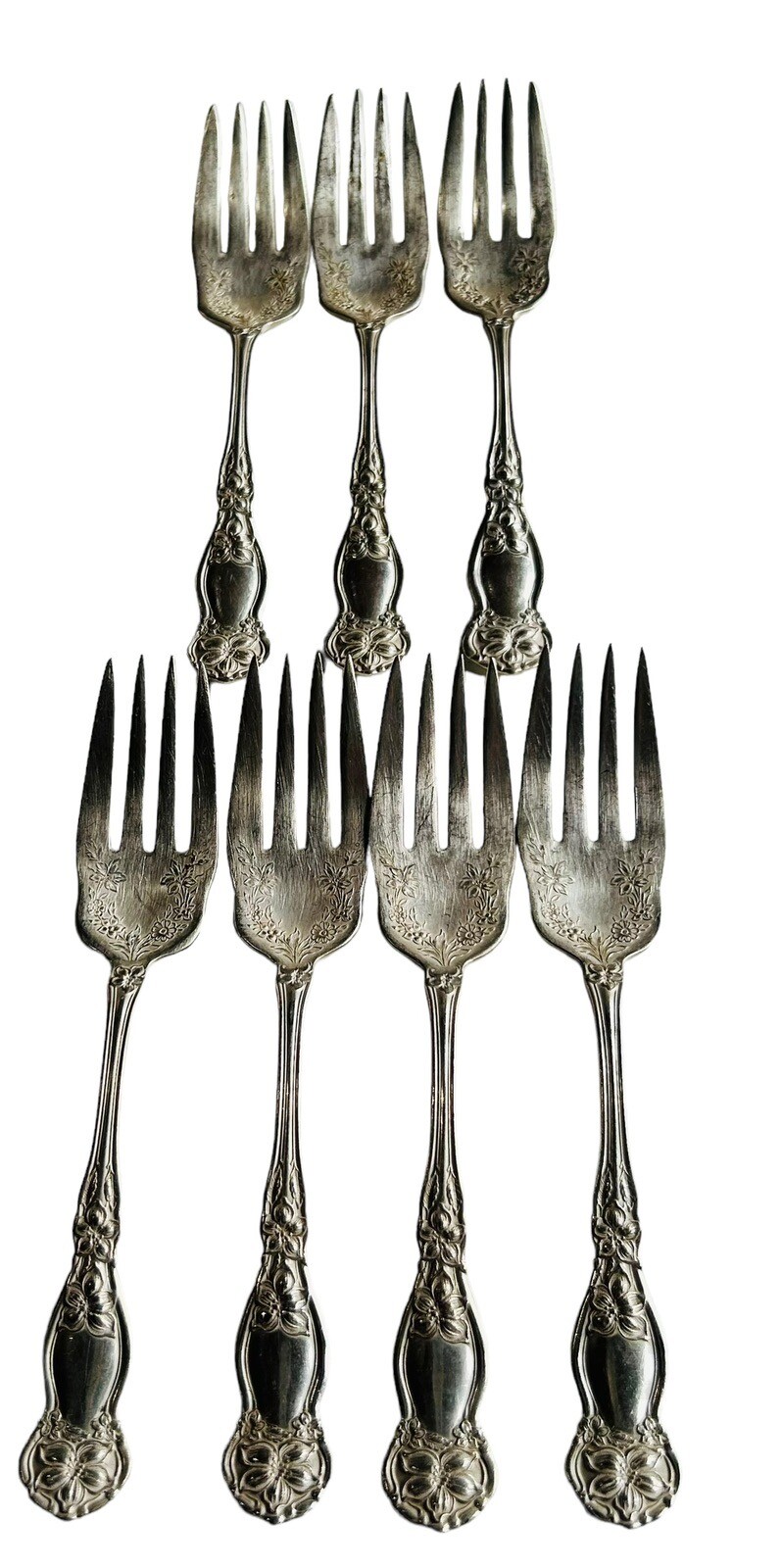 WM Rogers & Son Pat pat. Nov 28 1910 Orange Blossom 7 Salad Forks 6 1/4"VTG Read