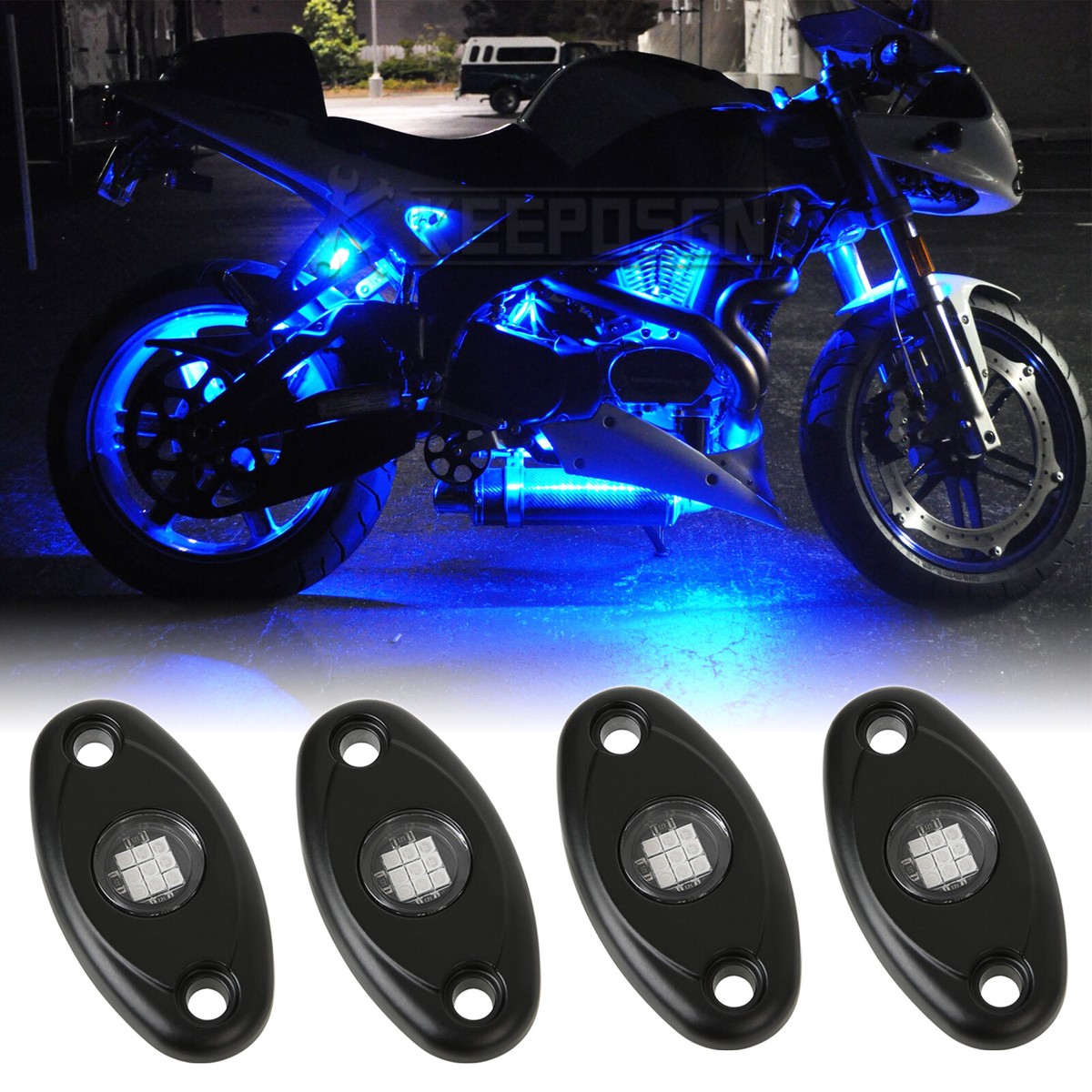 4 Pods Blue LED Underglow Rock Lights For Harley Honda