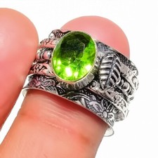 Green Peridot Gemstone Handmade 925 Sterling Silver Jewelry Ring Size 7 US