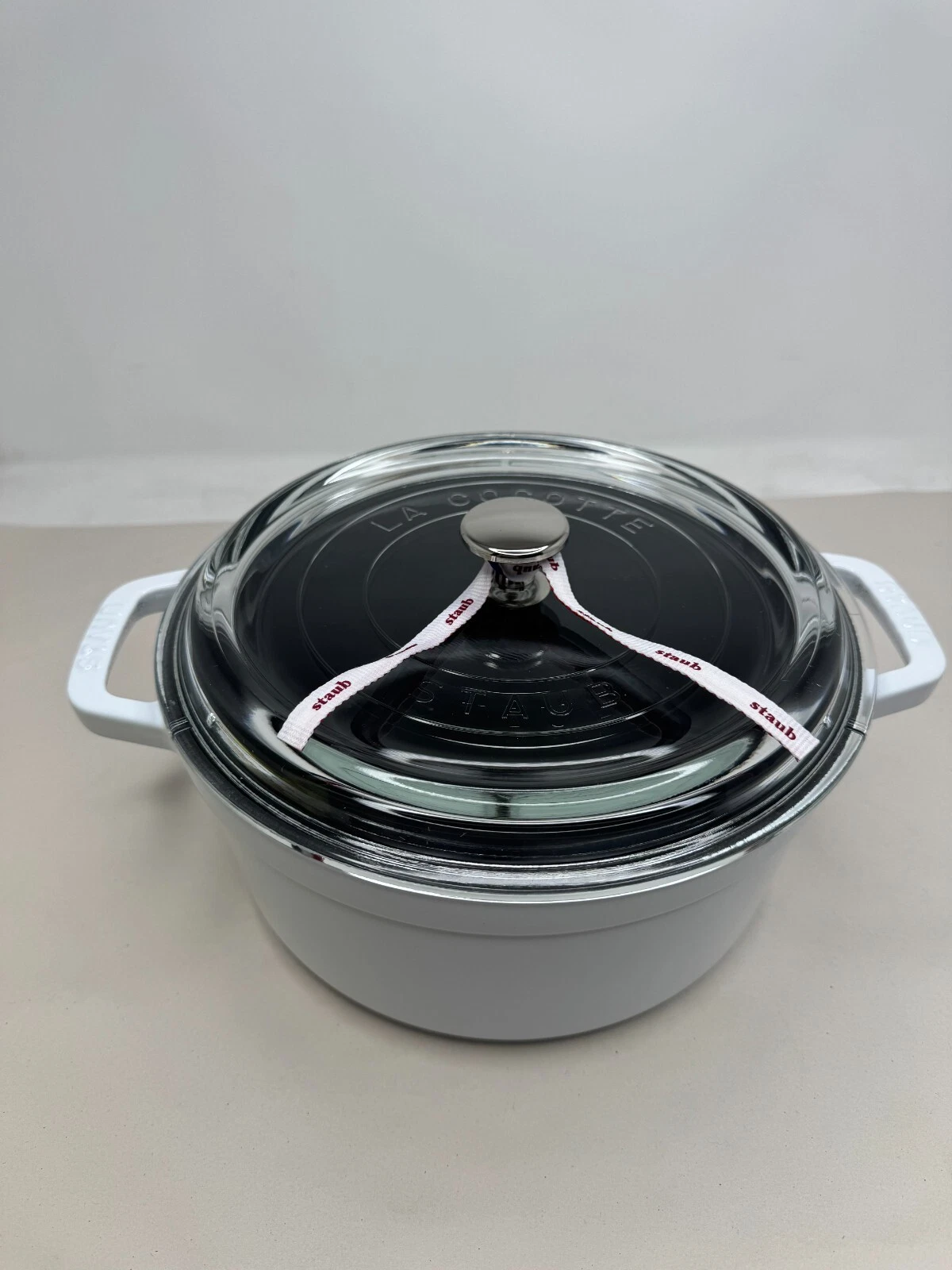 STAUB Cast Iron Dutch Oven 4-qt Round Cocotte with Glass Lid, (White )
