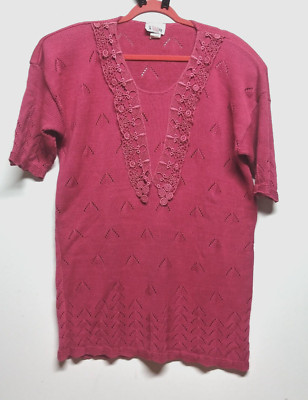 VTG 70s Long Sweater Grandma Sz 16 Bright Lights USA Pink floral Lace eyelet SS