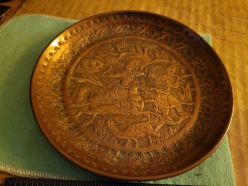 Persian Copper Repousse Tray Archer & Companion Hunting Food 5 1/2" - Picture 3 of 7