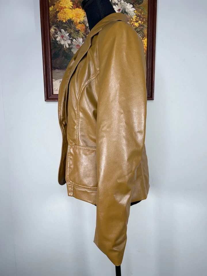 Chaqueta Worthington de cuero sintético para mujer mediana marrón amarillo brillante bolsillos Foto 2 de 4